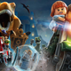 Two Lego characters on a dirt bike escape a large T-Rex and a pack of raptors.